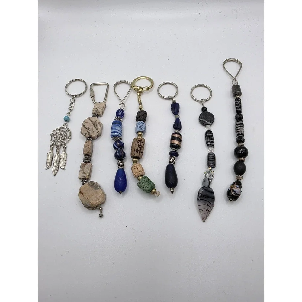 Lot Of 7 Key Chains Glass Beads, Rocks, Dream Catcher